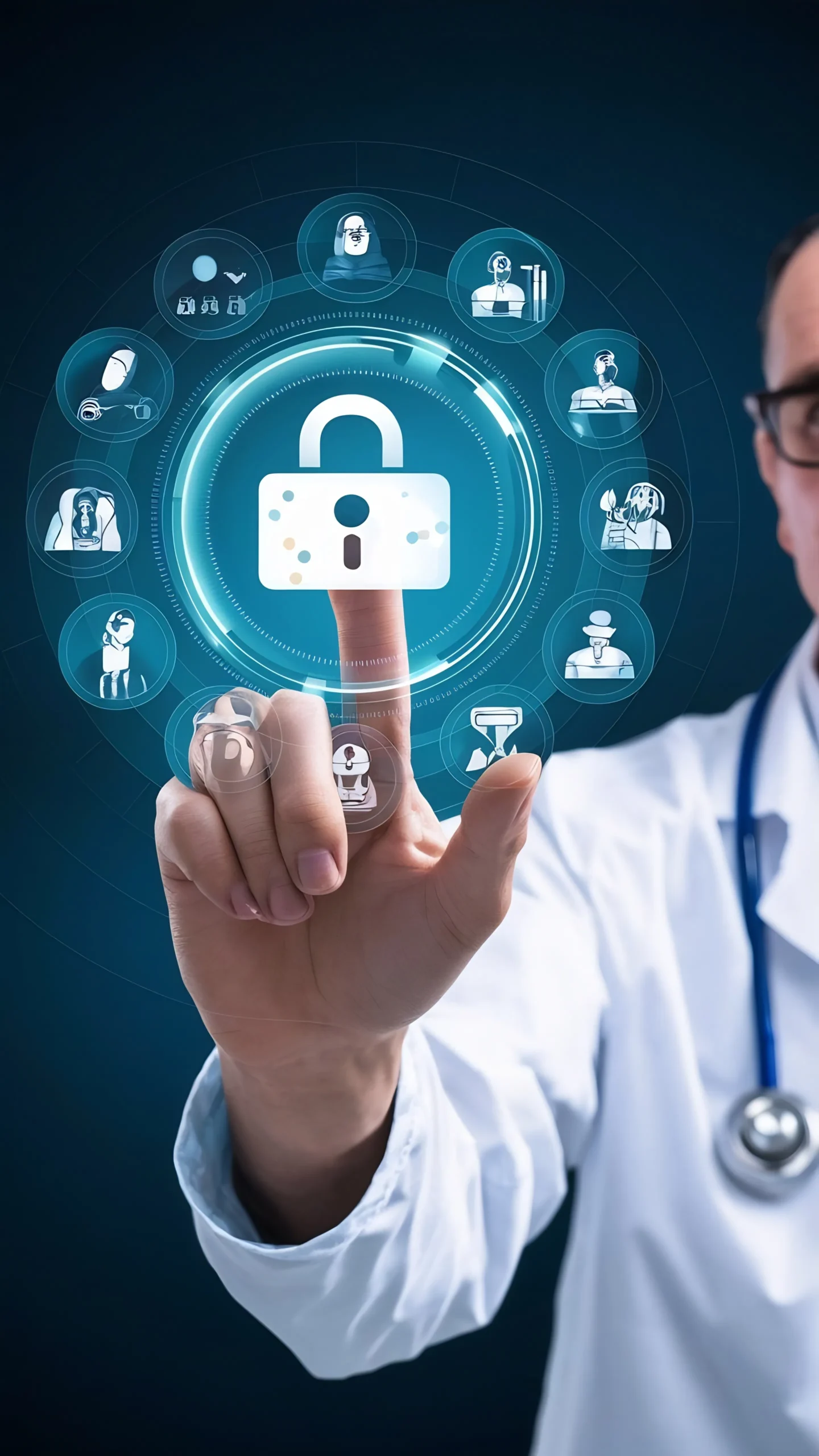 Doctor in a white coat touches a holographic security dashboard with a central padlock and circular icons around it, symbolizing digital health security.