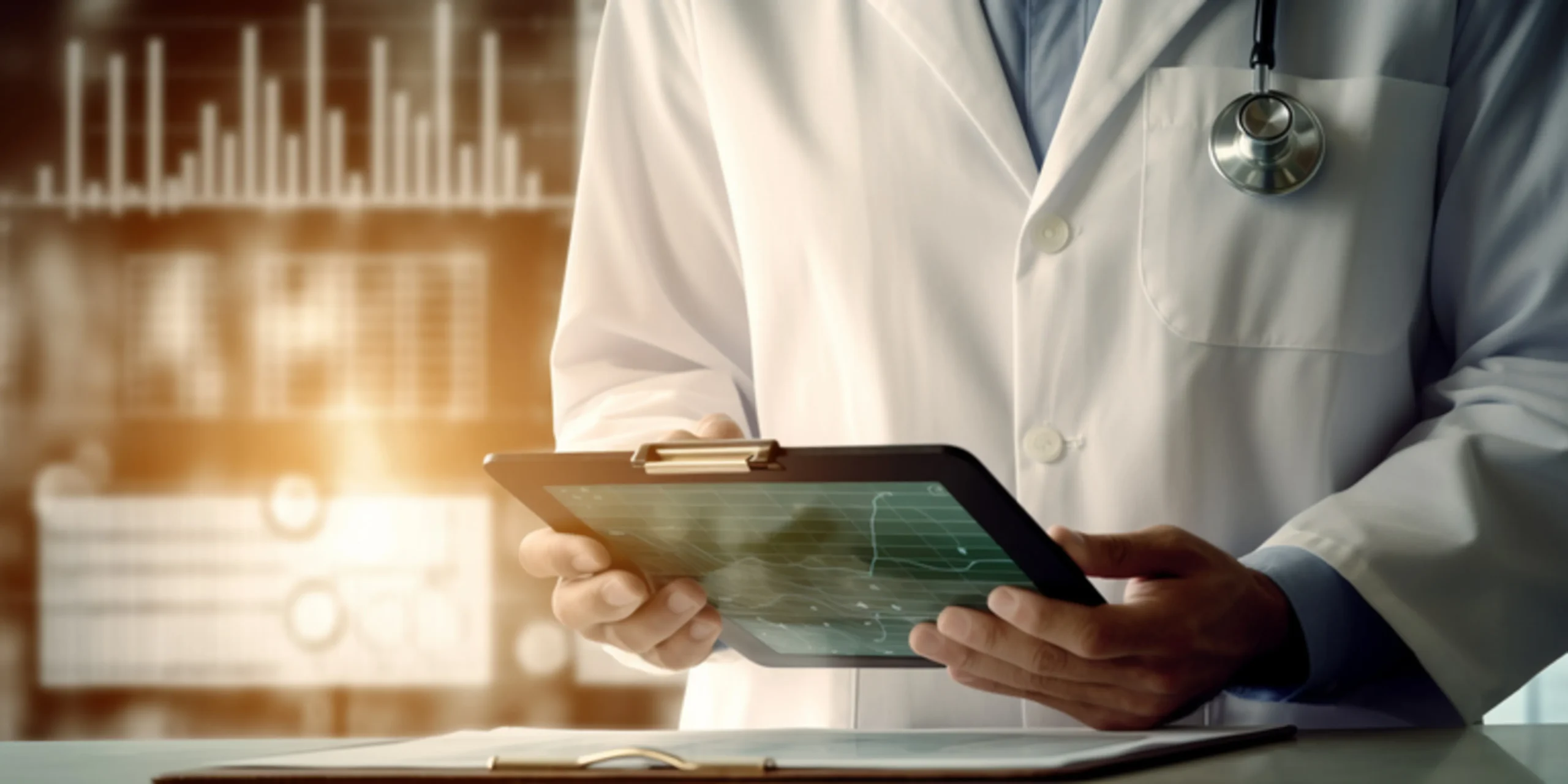 A clinician reviewing digital data on a tablet, symbolizing an efficient healthcare internal audit and strict healthcare regulatory compliance.