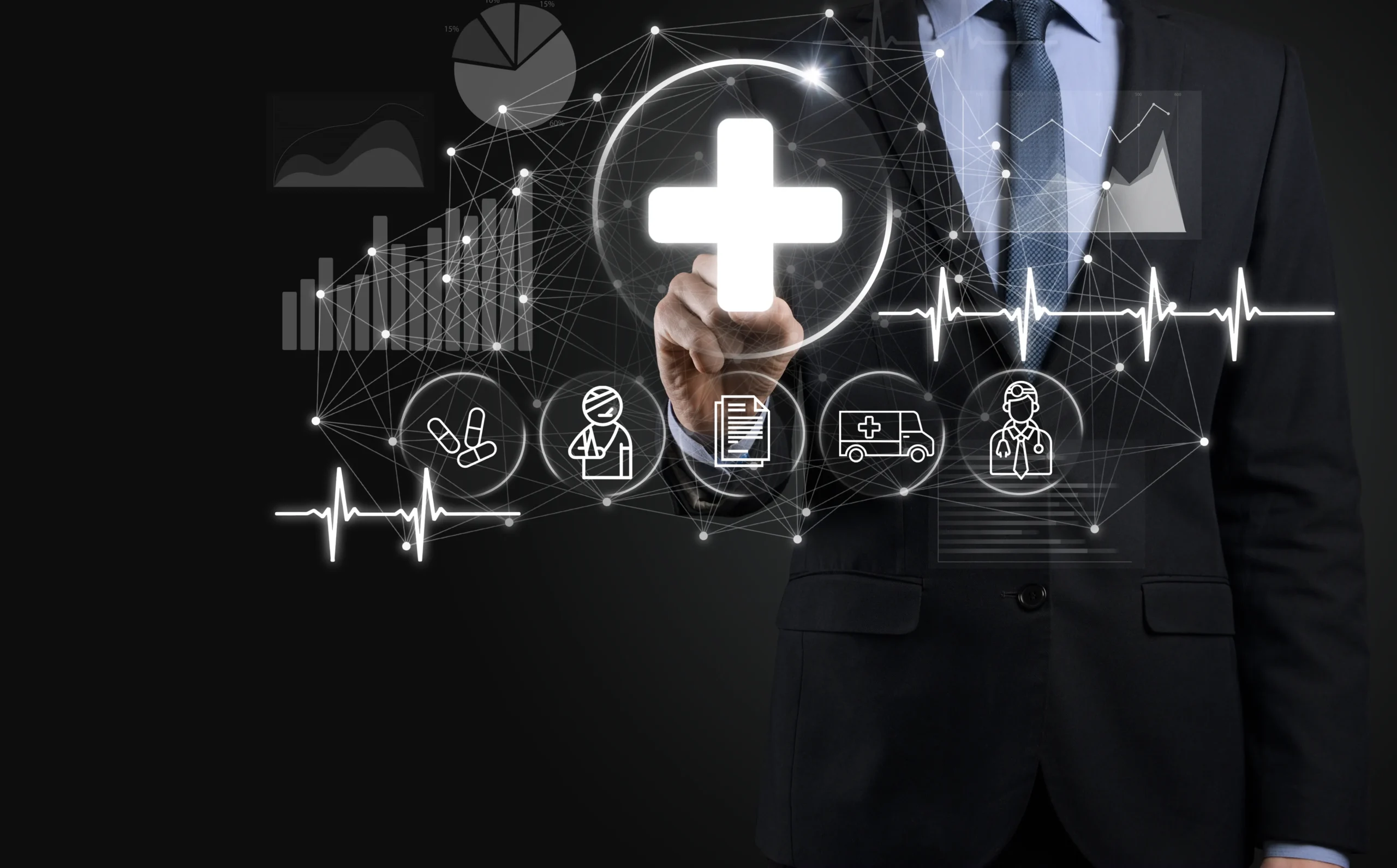 A business professional interacting with a digital interface of medical icons, illustrating a strategic healthcare risk assessment and proactive healthcare risk mitigation.