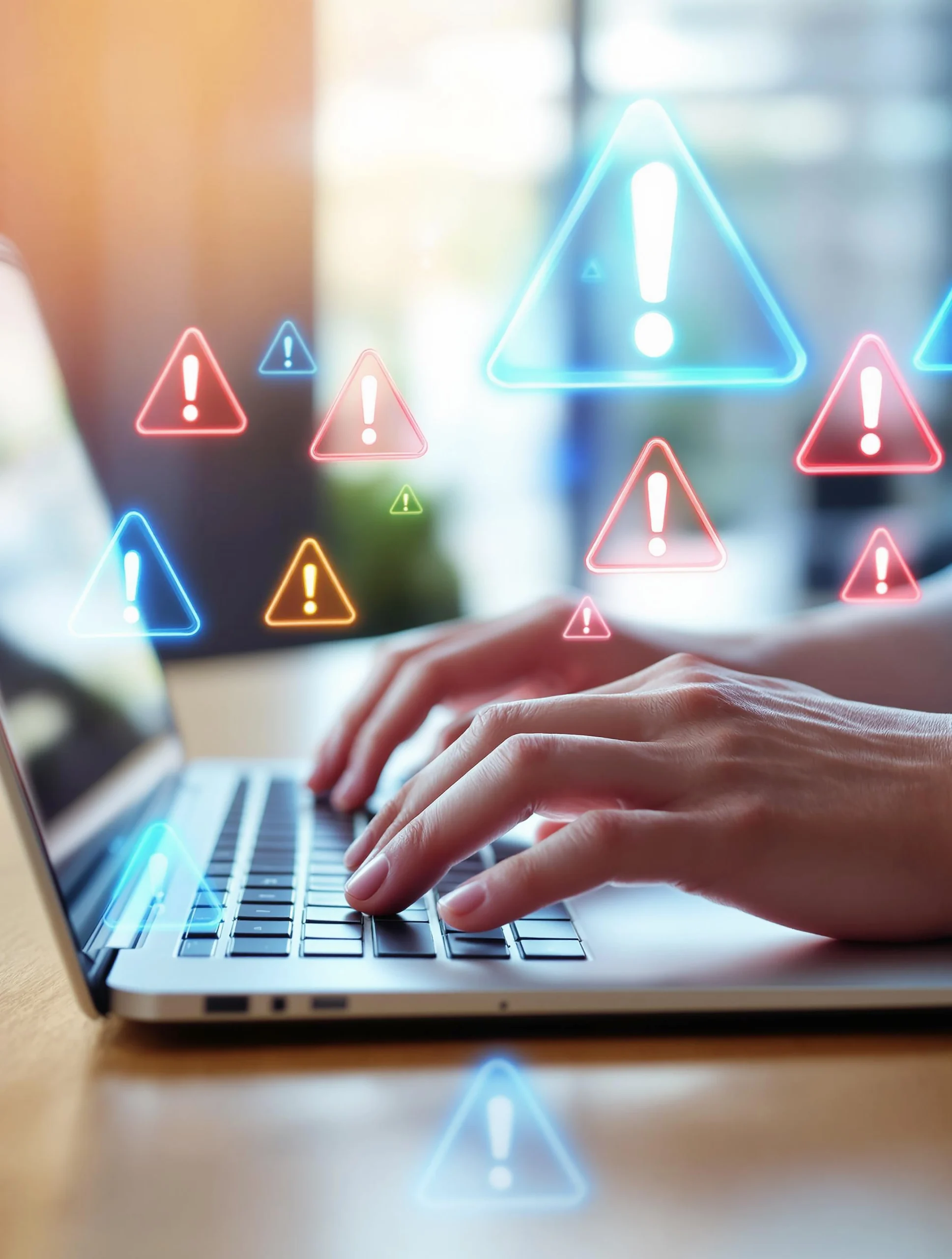 A close-up of hands typing on a laptop surrounded by digital warning icons, illustrating a focus on healthcare cybersecurity compliance.