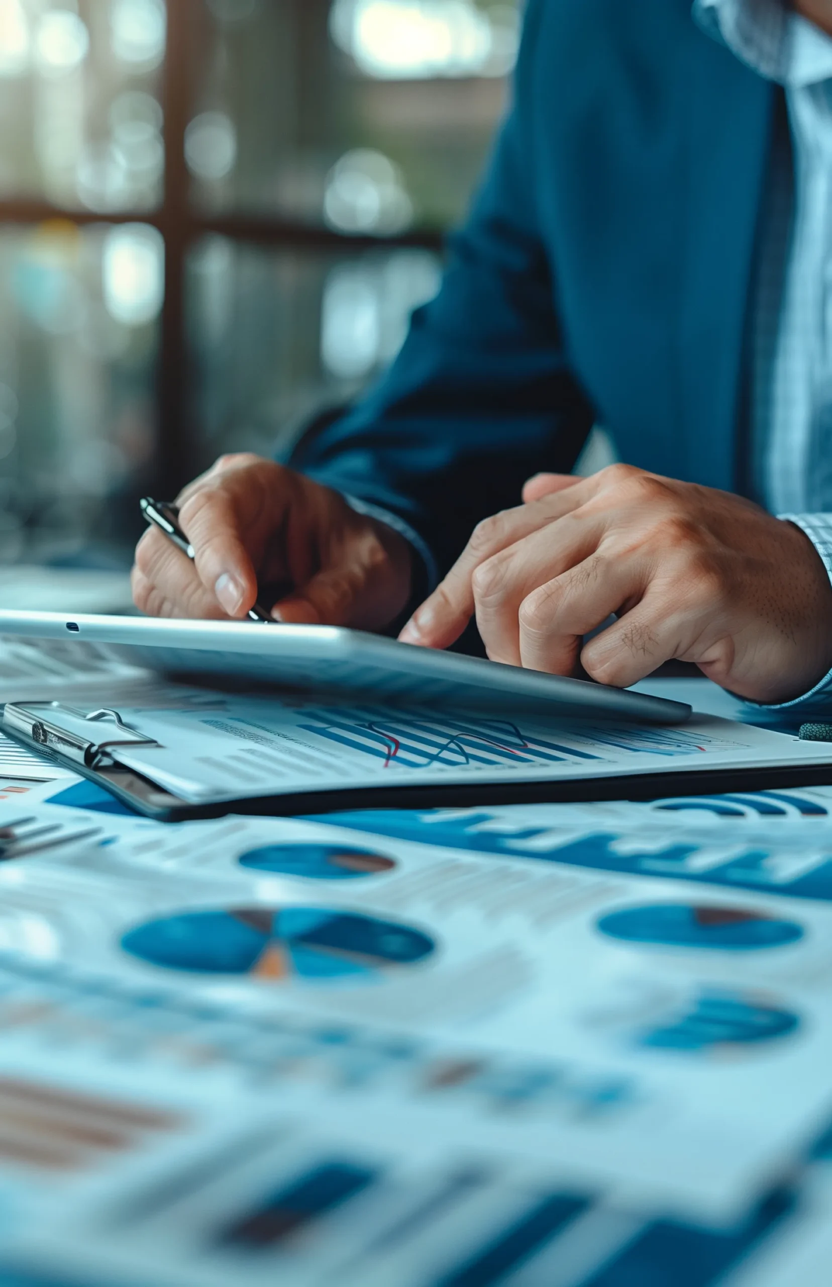 Close-up of an administrator analyzing analytical reports on a tablet to streamline a healthcare compliance audit and strengthen healthcare audit management.