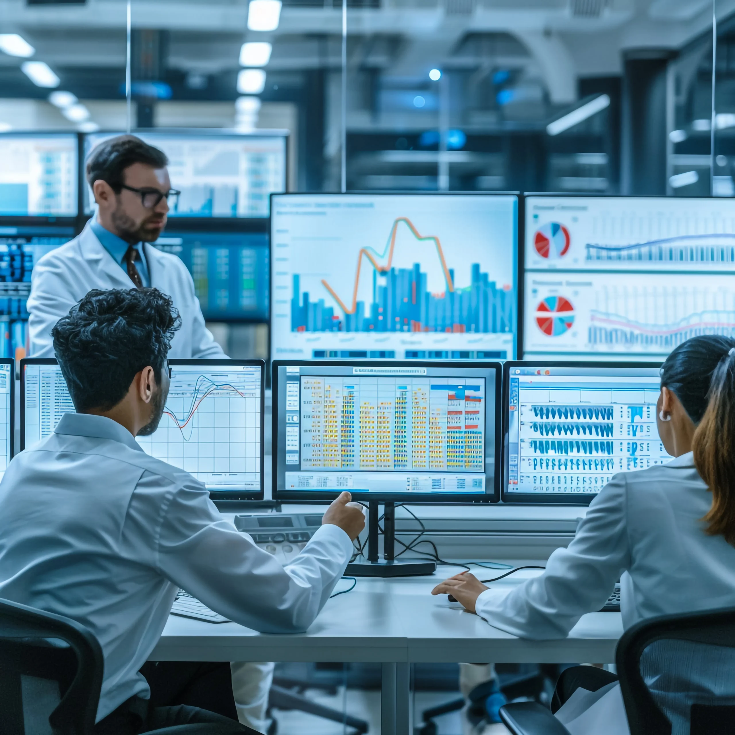 Data analysts in a clinical command center monitoring real-time health analytics on multiple screens for continuous healthcare compliance monitoring.