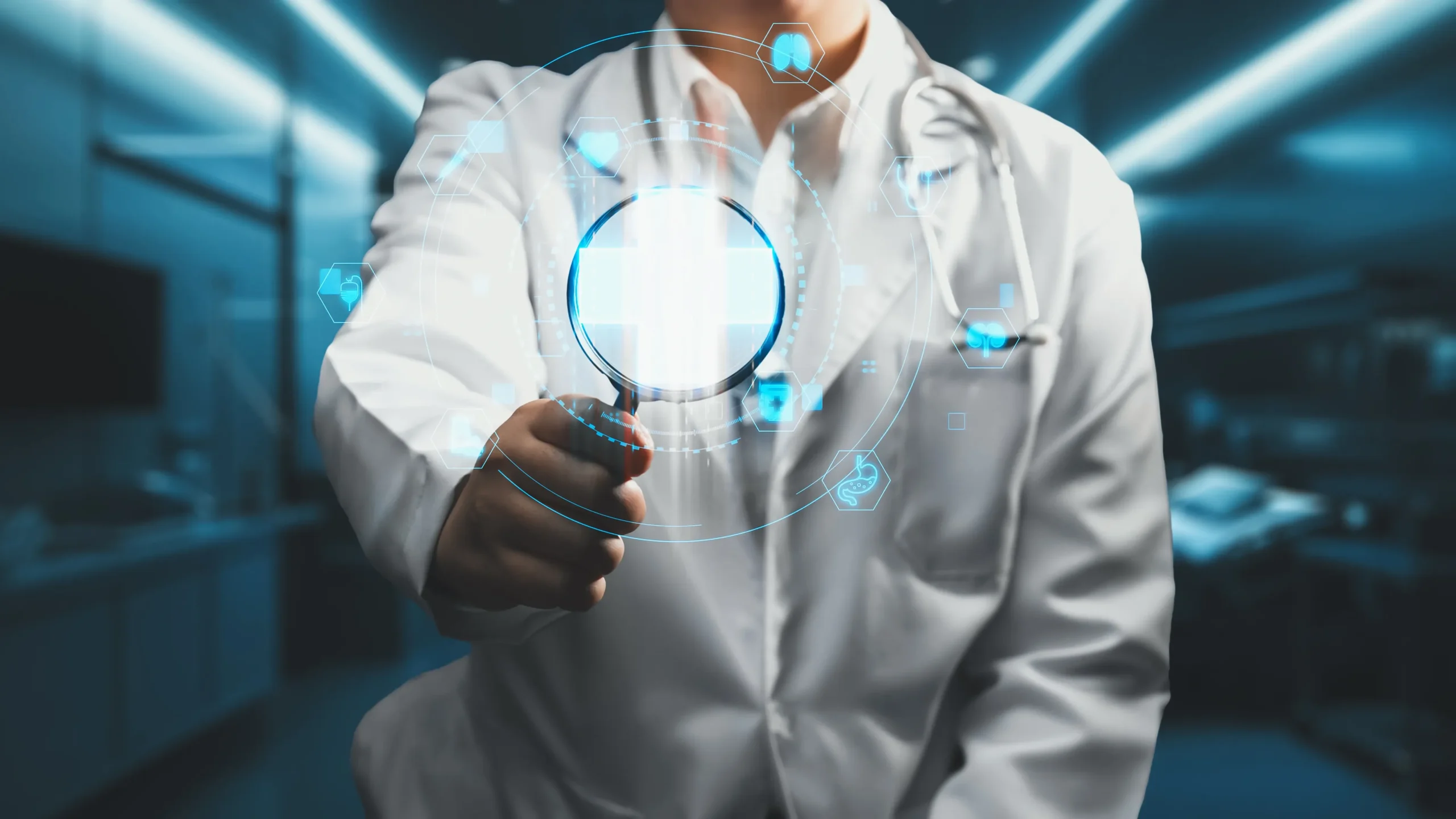 Doctor holding a magnifying glass icon, symbolizing focused OIG exclusion screening audits.
