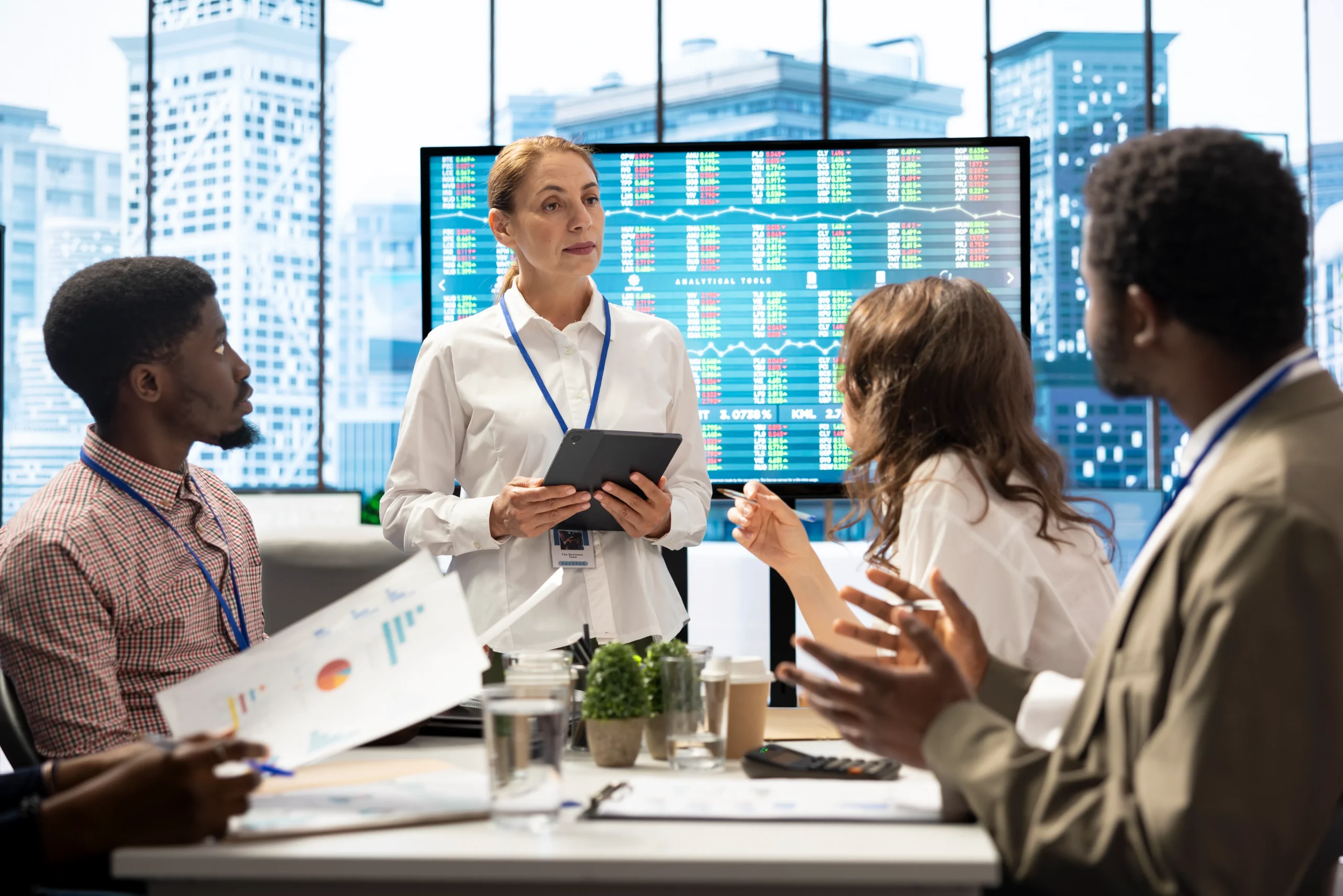A professional corporate team discussing medical data strategy to maintain strict Healthcare Compliance.
