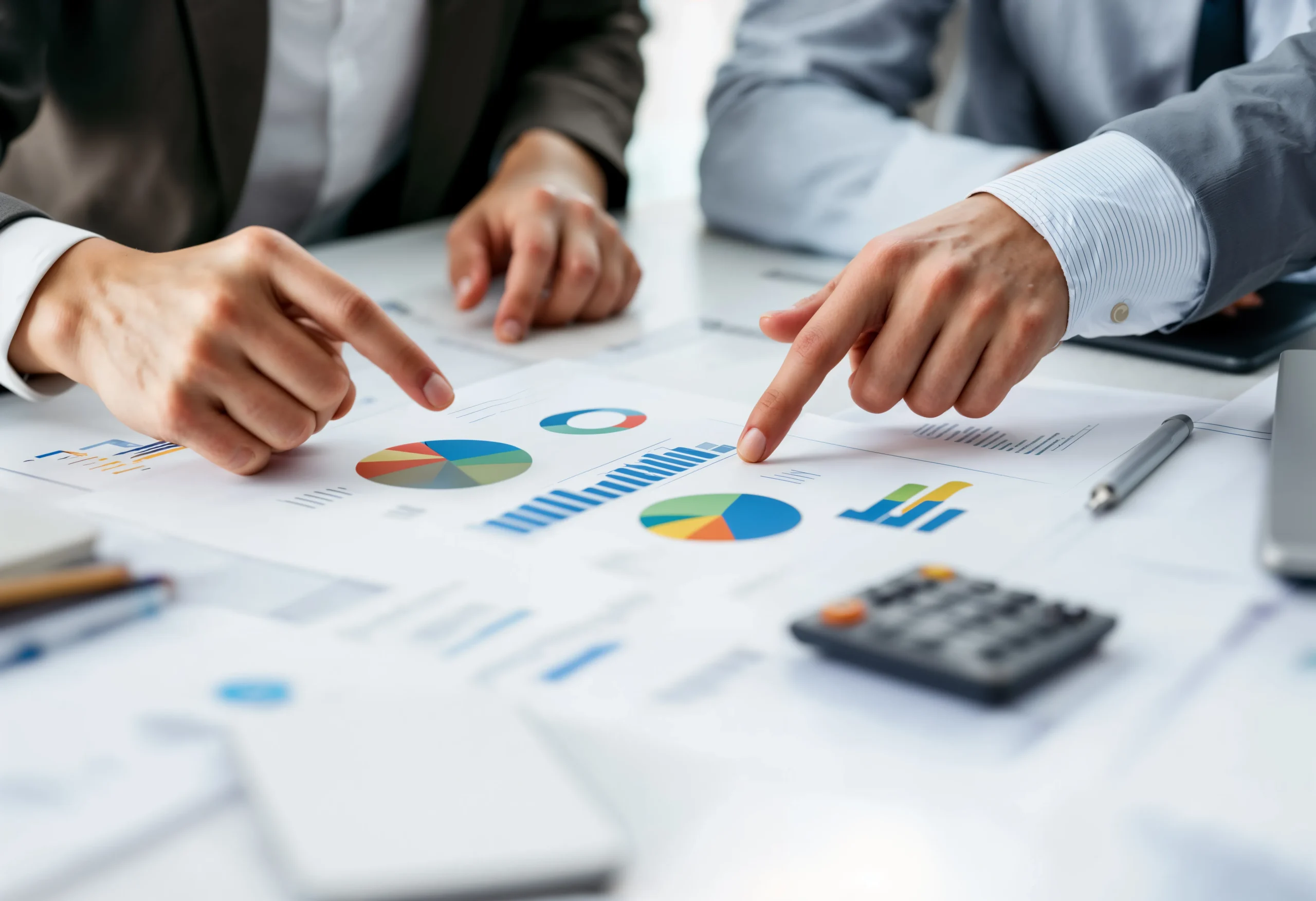 Close-up of professional analysts pointing to data charts and financial graphs on a desk, cross-referencing metrics against a healthcare compliance audit checklist for effective Healthcare Risk Management.