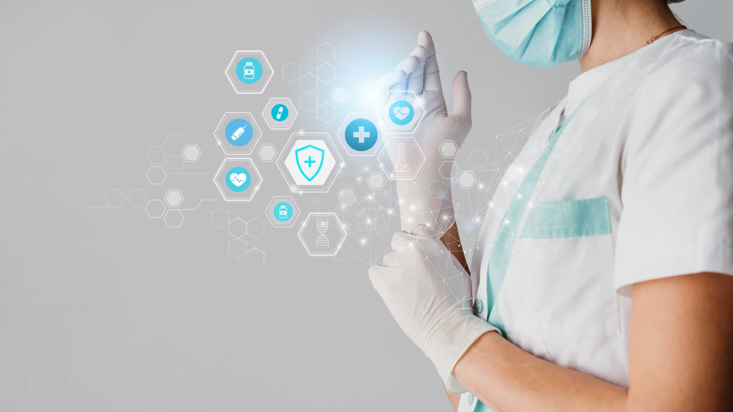 A medical professional putting on protective gloves next to floating medical shield and cross icons, representing secure protocols for OIG exclusion screening.