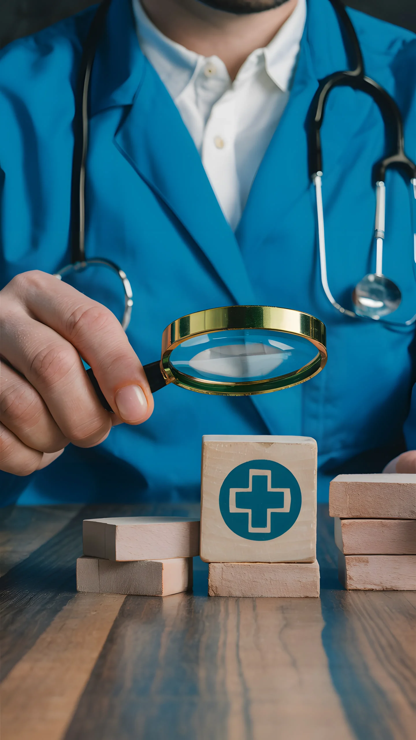 A healthcare compliance auditor holding a magnifying glass over a wooden block with a medical cross symbol, illustrating a close evaluation for OIG exclusion screening.