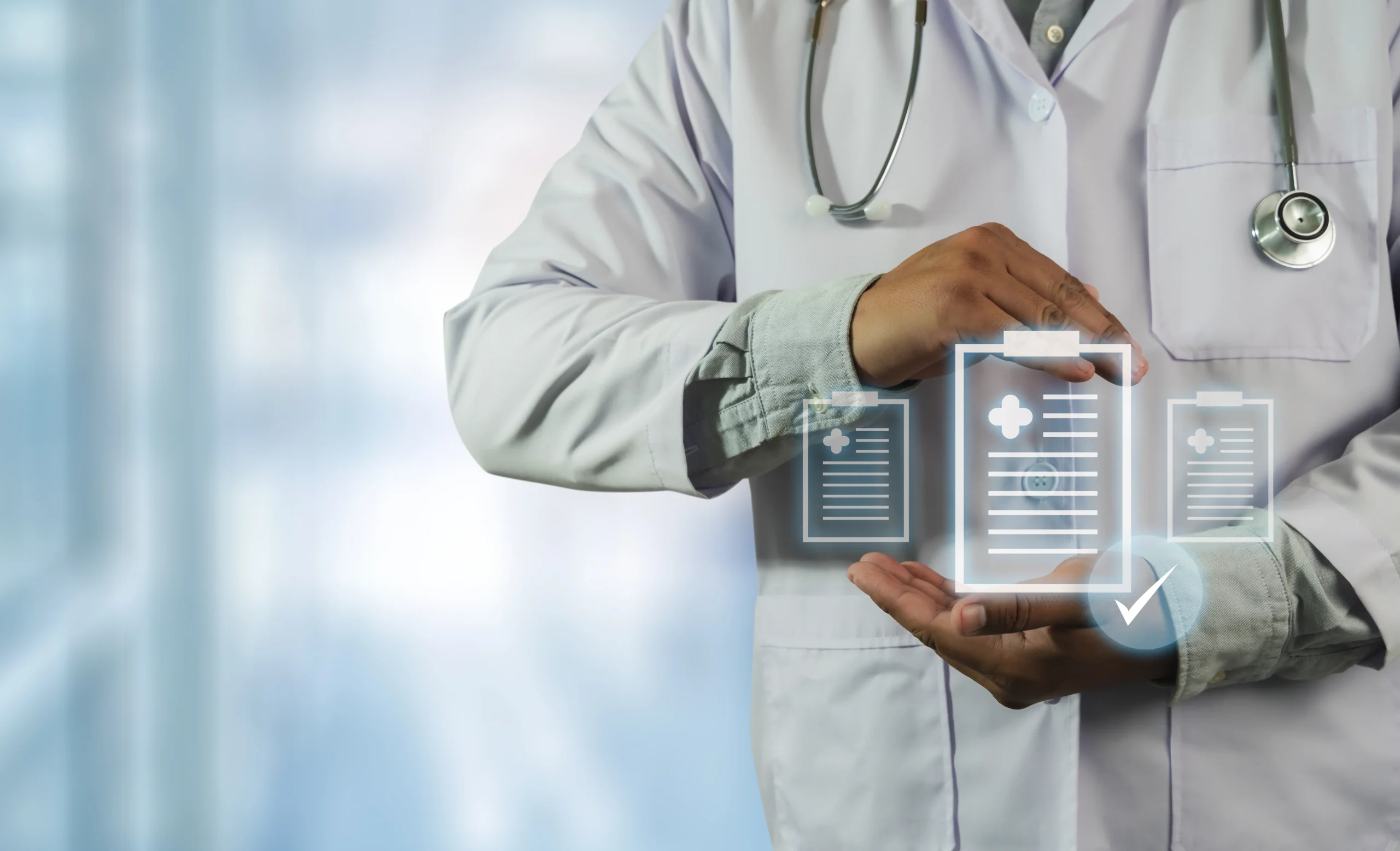 Doctor holding glowing digital document icons with a checkmark representing successful provider credentialing.