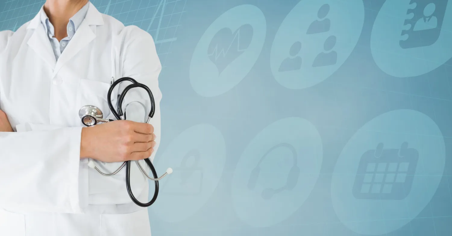 Doctor in a white coat holding a stethoscope alongside digital icons on a compliance screening platform interface.