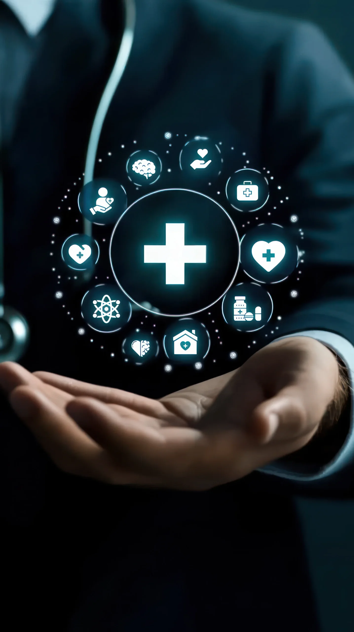 Medical professional holding open hands under a floating circular interface of medical icons powered by healthcare compliance software.