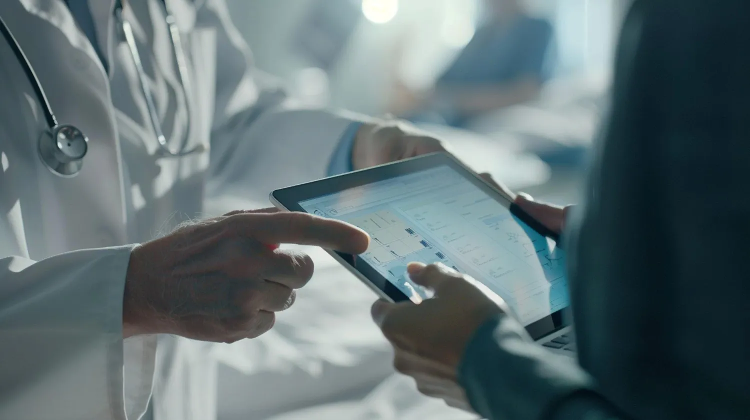 Physician using his office desktop station equipped with automated compliance screening features.