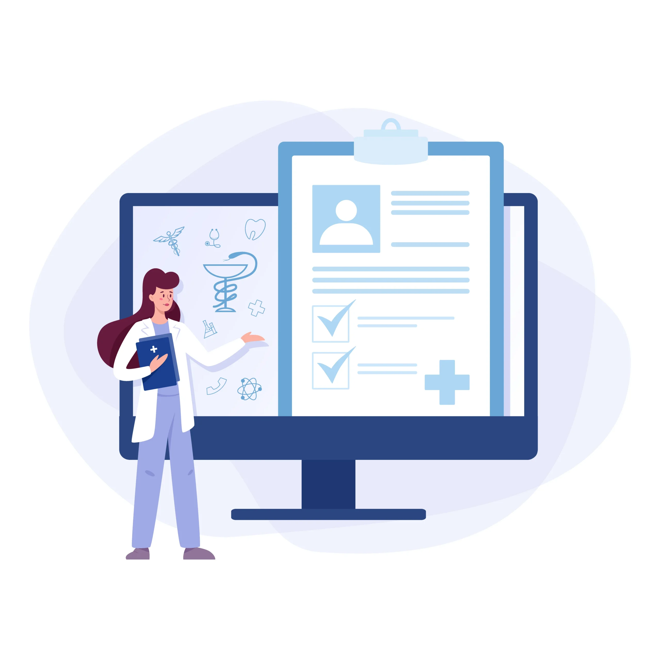 Vector illustration of a clinician standing by a computer screen conducting provider credential checks with NPI verification services.