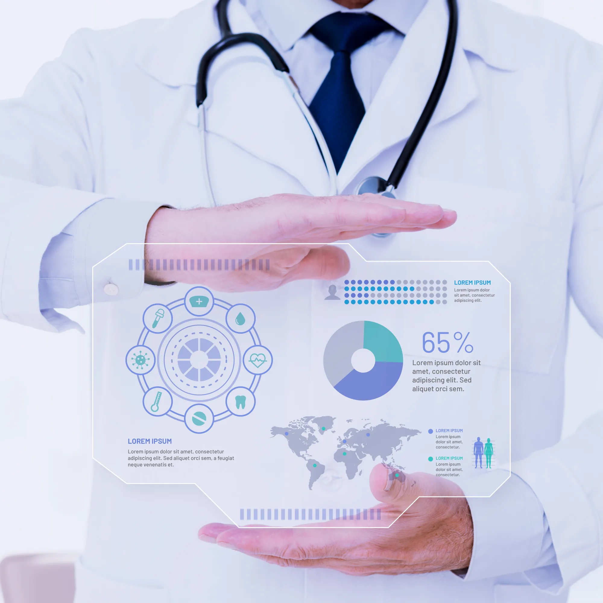 Clinician holding hands around a digital interface displaying metrics on an OIG and SAM screening platform.