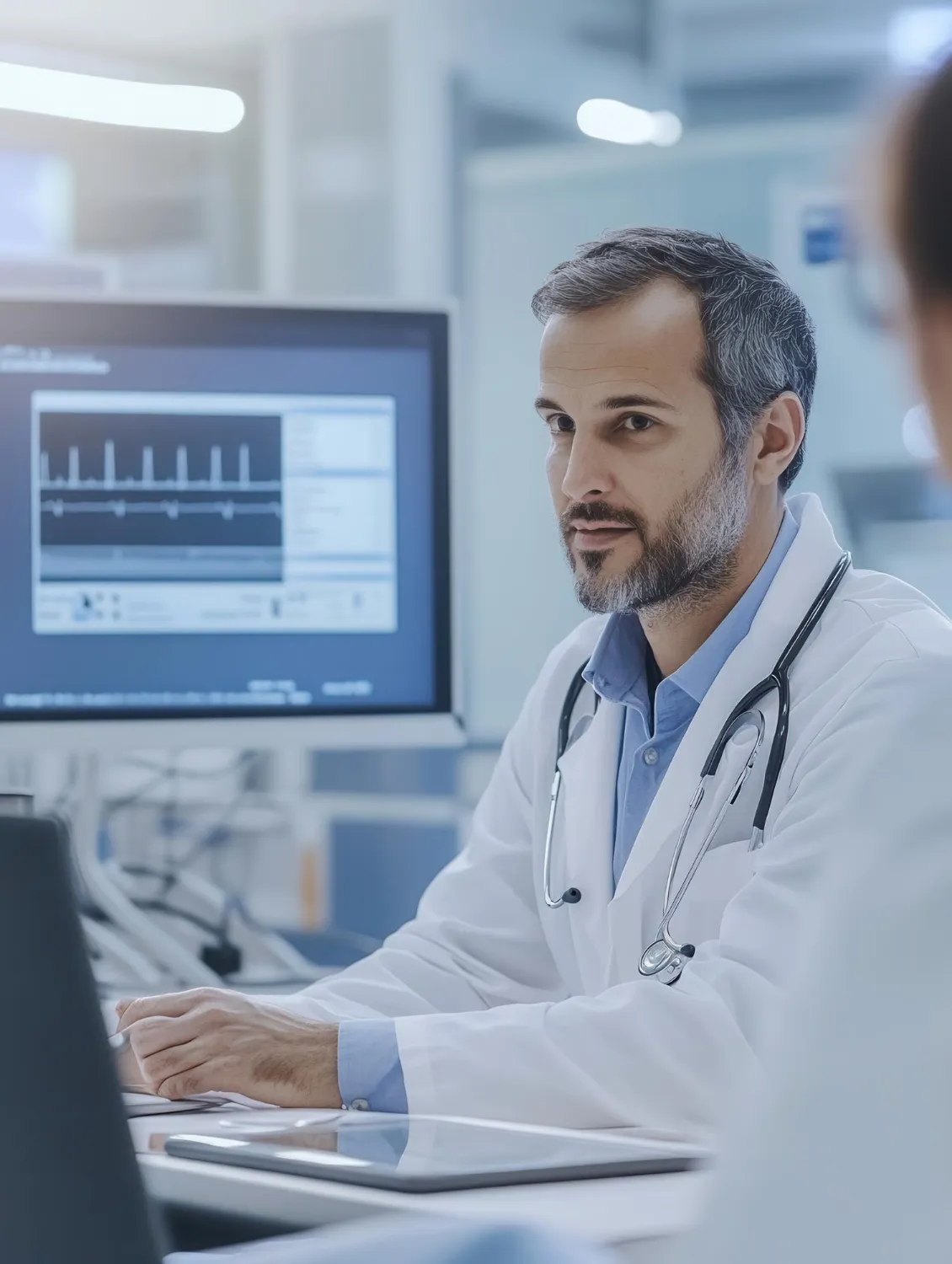 Physician using his office desktop station equipped with automated compliance screening features.