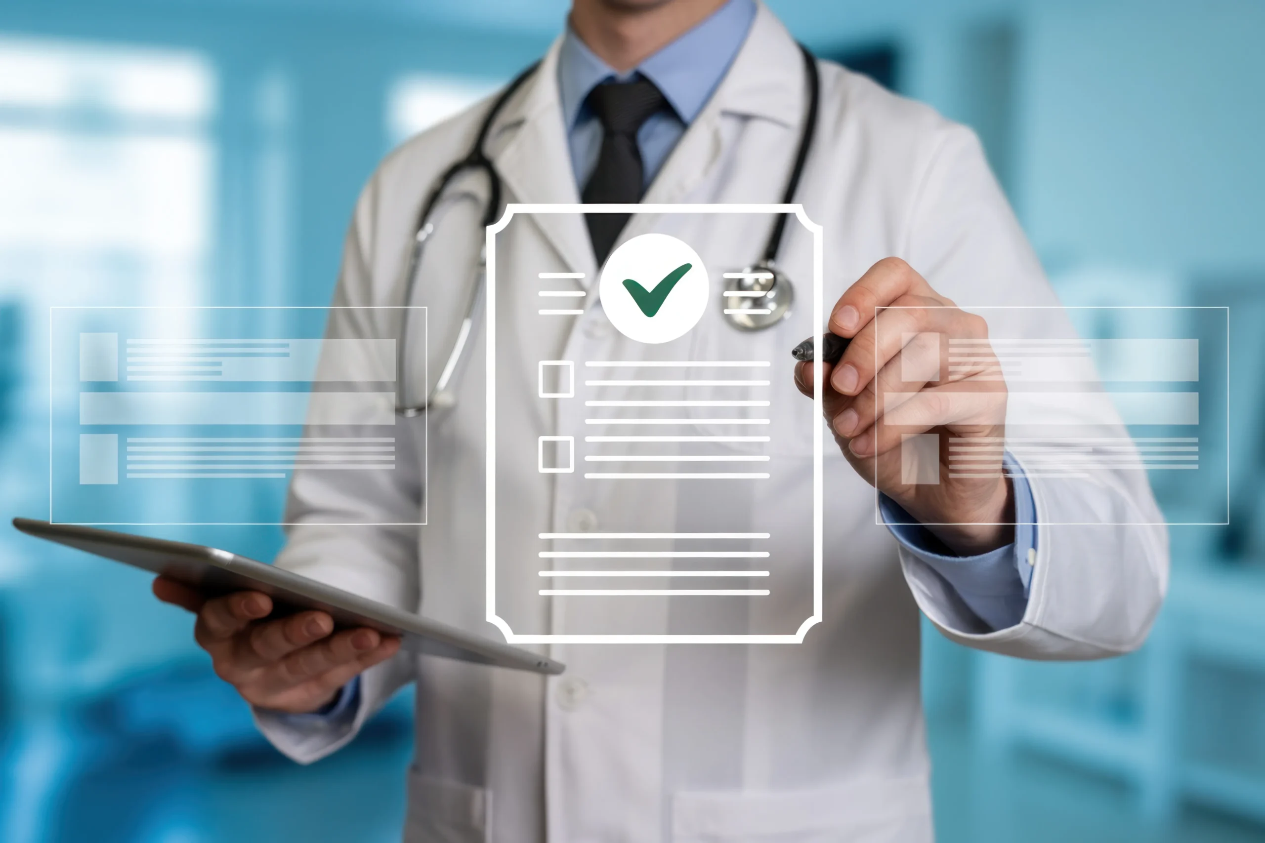 Doctor validating digital medical record checklists for exclusion compliance screening.