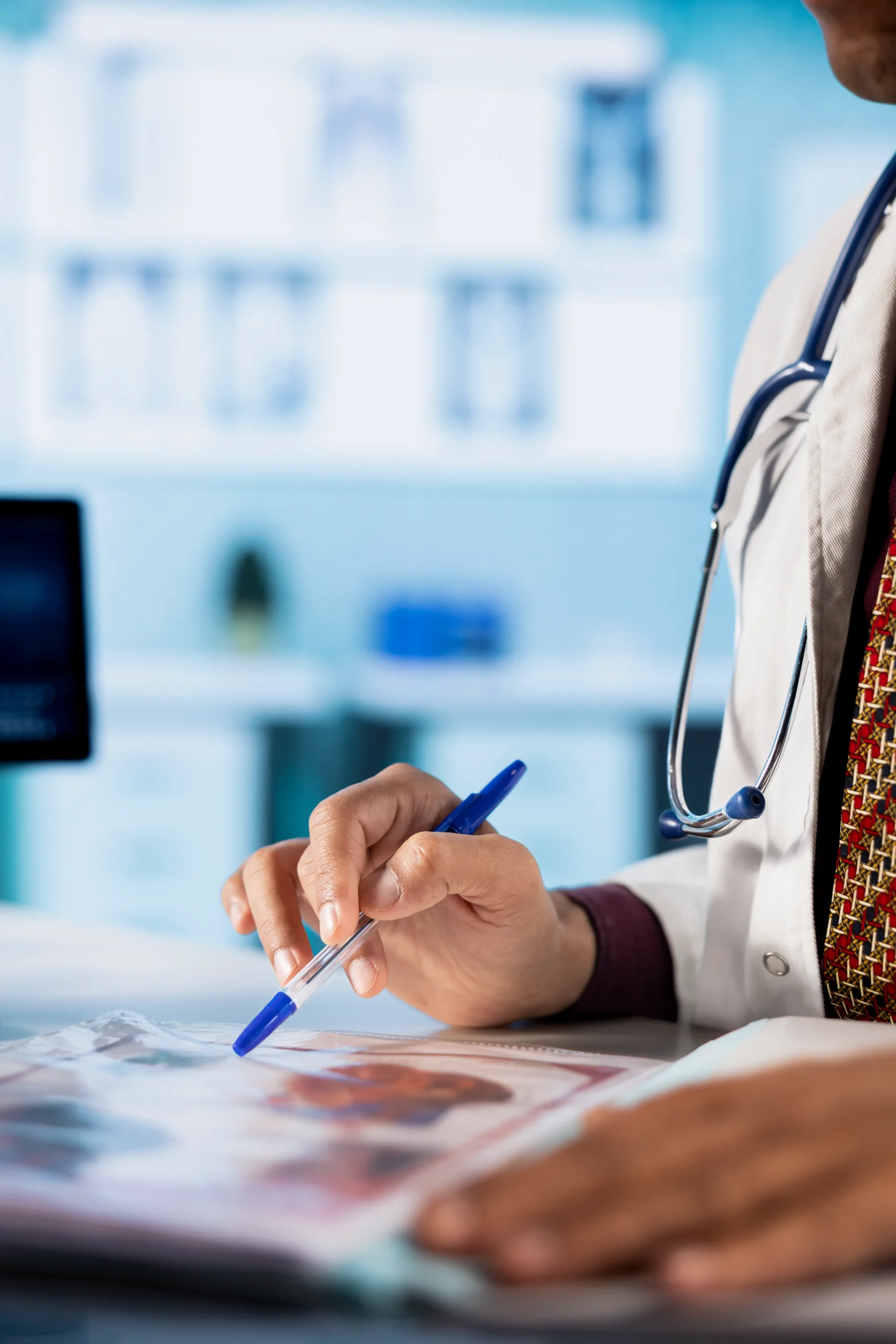 Healthcare administrator pointing to staff credentialing files during Healthcare compliance screening.